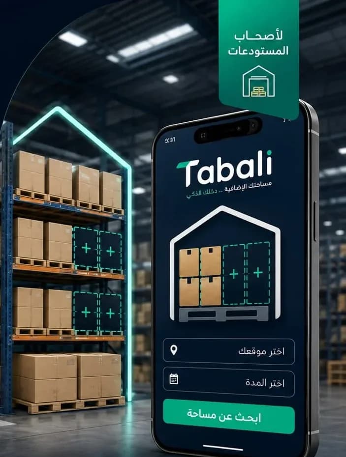 Warehouse racks with empty pallet positions and the Tabali app